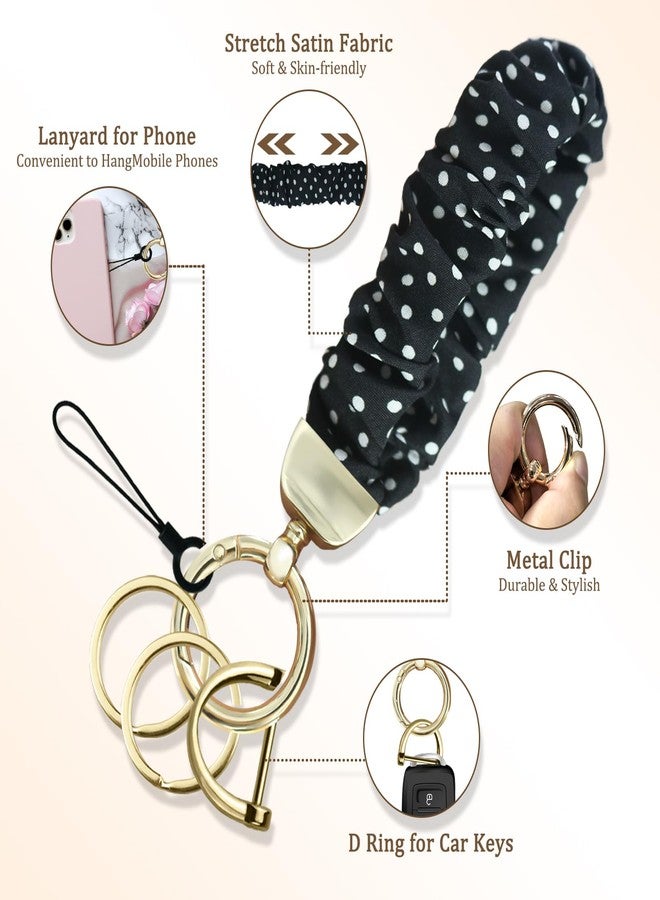 Jusen Stretchy Scrunchie Keychain Wristlet,Cute Key Chain Wrist Lanyard Strap for Women Men Car Keys ID Badges Wallet (Black Polka Dots) - Image 4